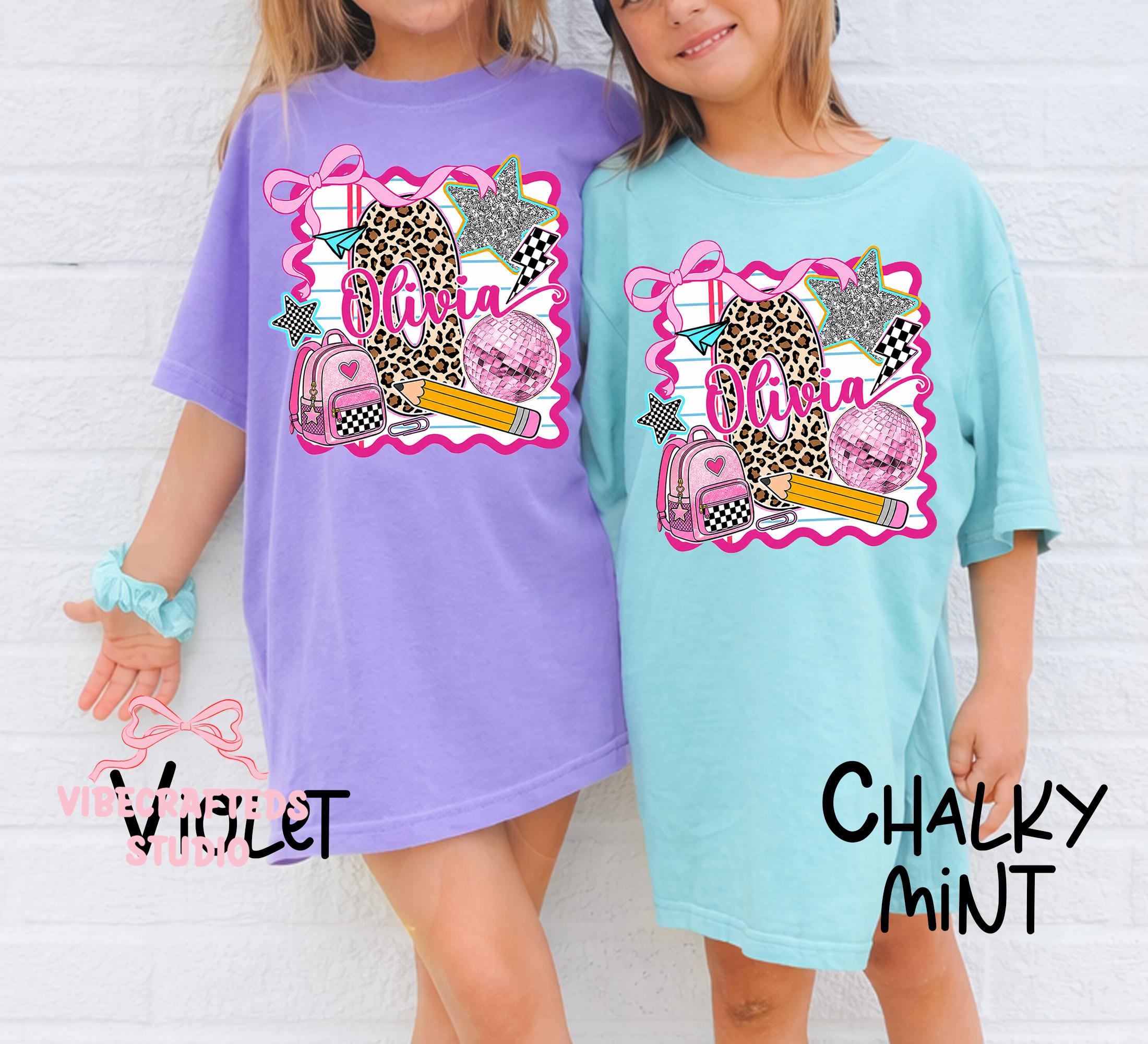 Custom Name Leopard Initial Comfort Colors Back School Girl Tee Coquette Bow Pencil Backpack Custom Student (4)