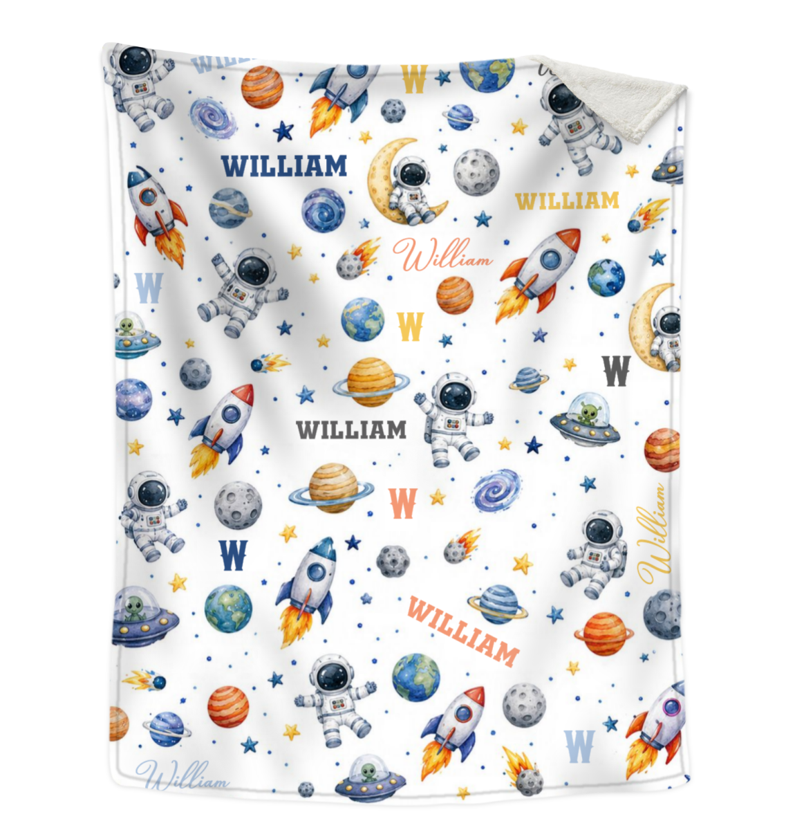 Personalized Space Baby Blanket with Name, Custom Astronaut Blanket for Boy, Rocket Ship Nursery Decor, Galaxy Swaddle