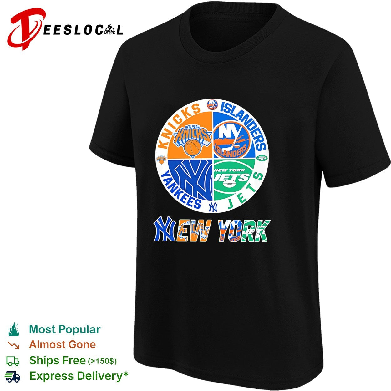 New York Knicks Islanders Yankees Jets four teams quadrant circle logo shirt