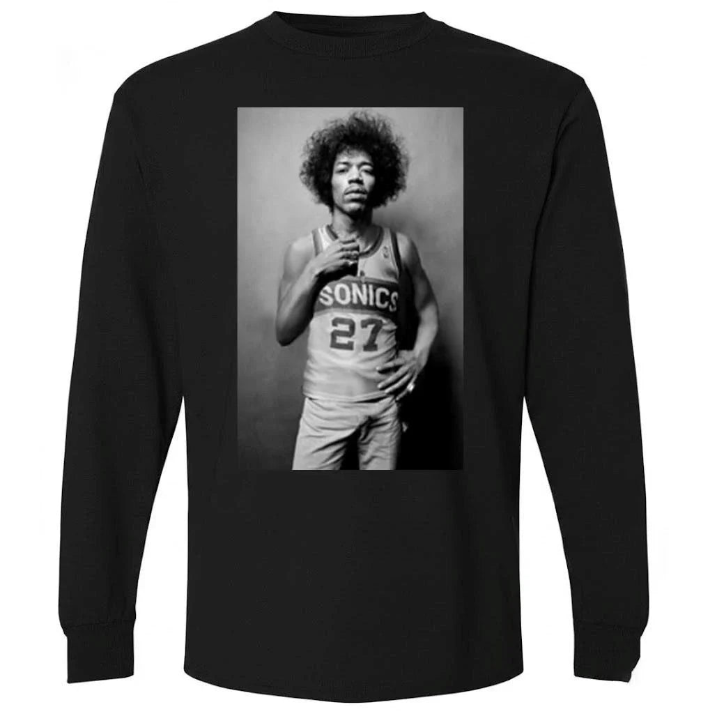 Mitch Johnson With Jimi Hendrix Wear Jersey Seattle Supersonics Shirt