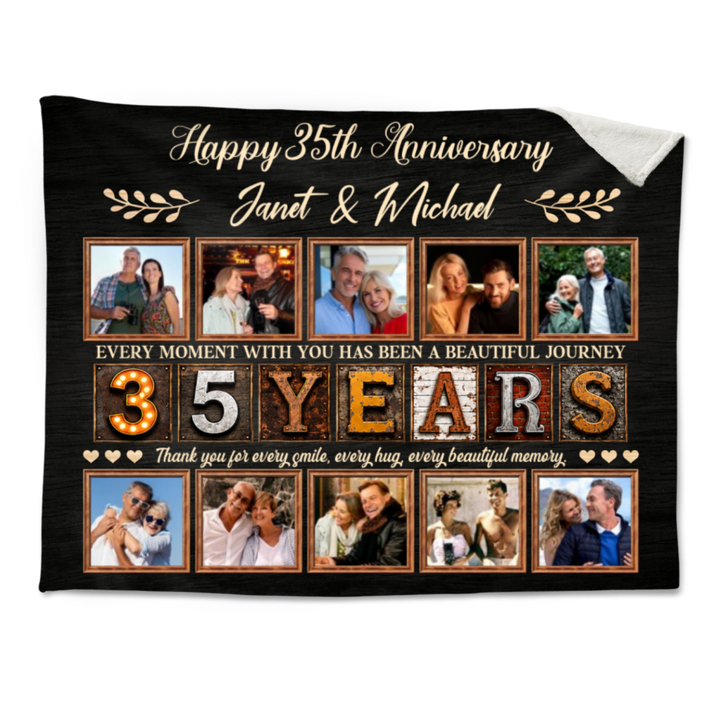 Personalized 35th Anniversary Photo Collage Blanket, Custom 35 Years Together Gift, Wedding Anniversary Blanket, Couple Memory Keepsake