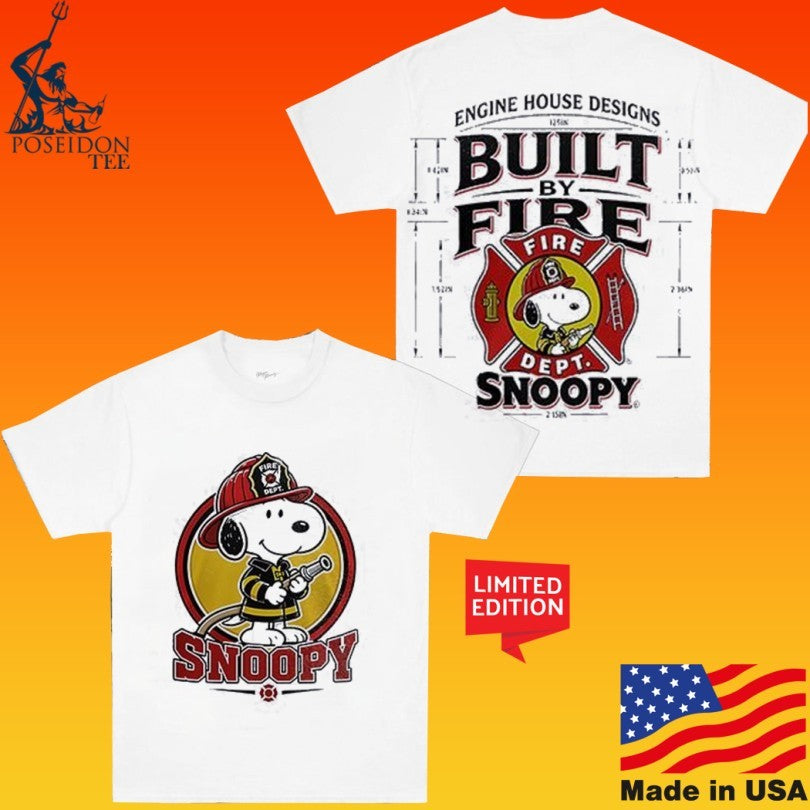 Peanuts Snoopy Fire Dept Engine House Designs Built By Fire Logo T-shirt
