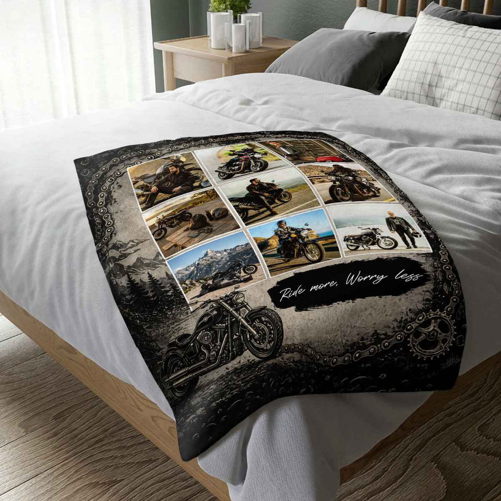 Personalized Biker Photo Blanket, Custom Motorcycle Photo Collage for Dad, Motorcycle Rider Gift, Biker Gift for Him, Motorcycle Enthusiast Gift, Rider Keepsake