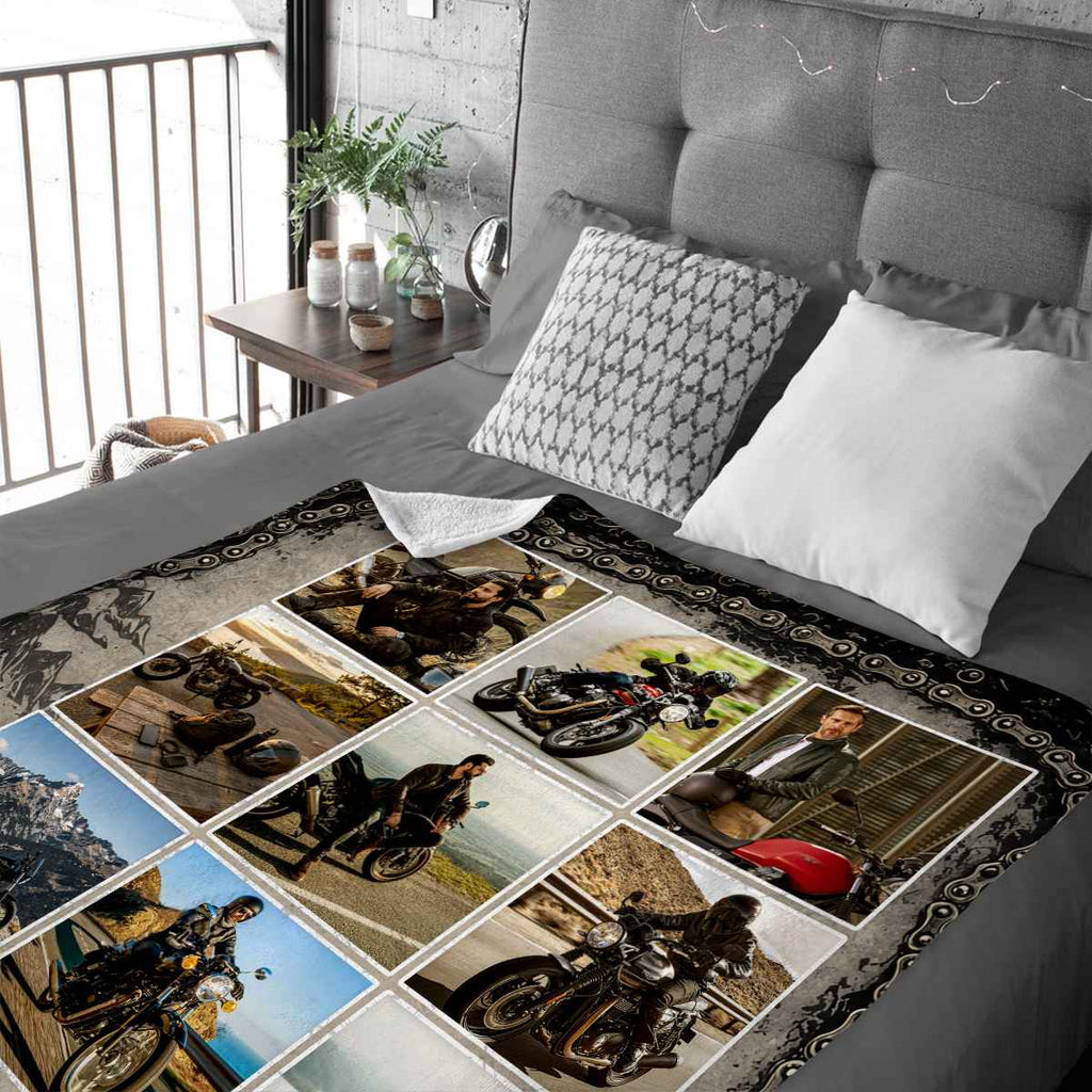 Personalized Biker Photo Blanket, Custom Motorcycle Photo Collage for Dad, Motorcycle Rider Gift, Biker Gift for Him, Motorcycle Enthusiast Gift, Rider Keepsake