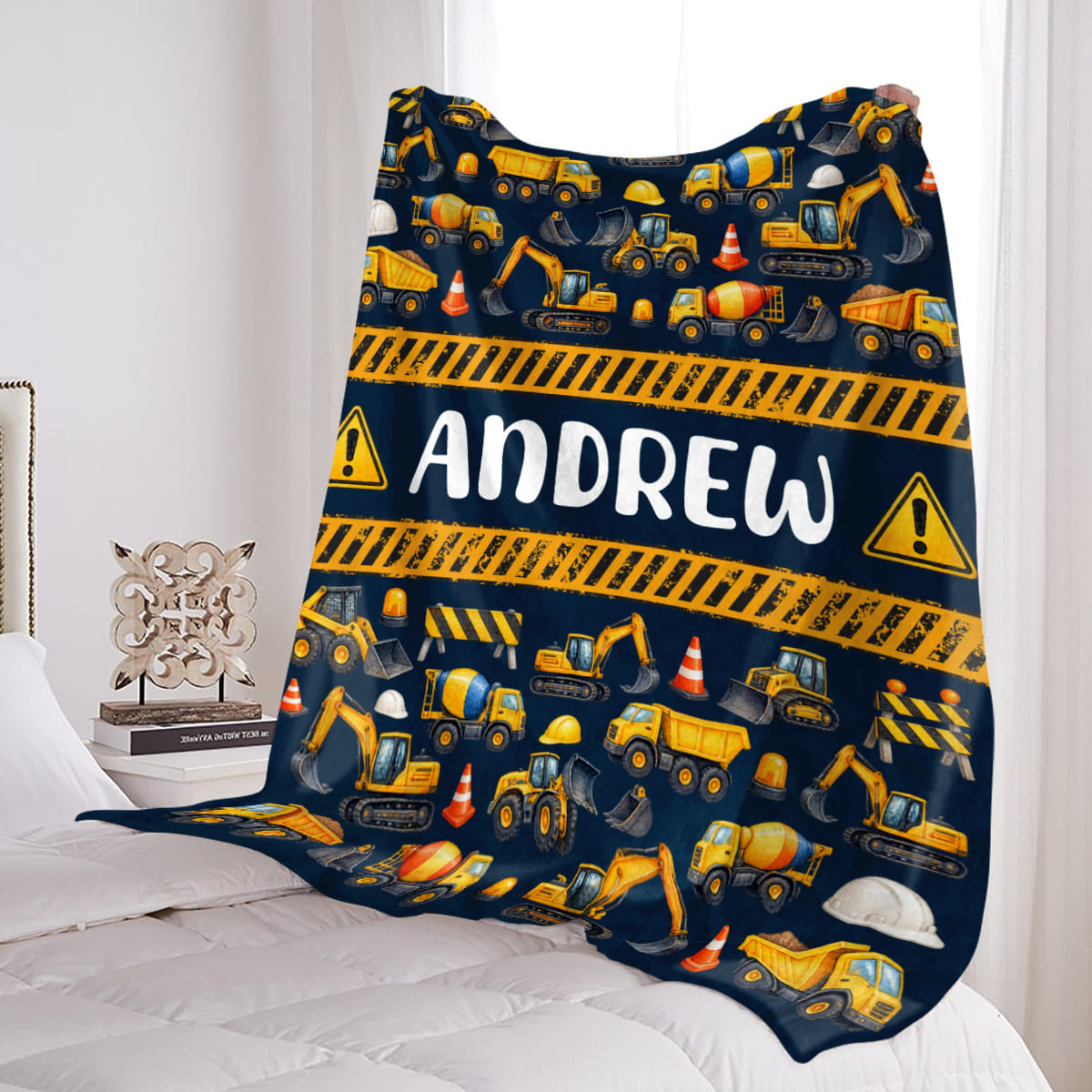 Personalized Construction Blanket for Boys, Custom Name Truck Blanket, Excavator Blanket, Dump Truck Gift, Construction Birthday Gift