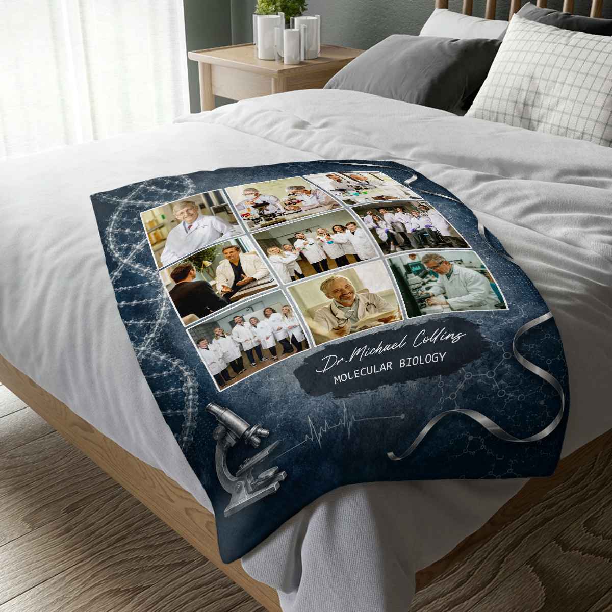 Personalized Doctor DNA Blanket, Molecular Biology Gift, Custom Doctor Photo Blanket, DNA Research Gift, Biologist Gift, Laboratory Gift