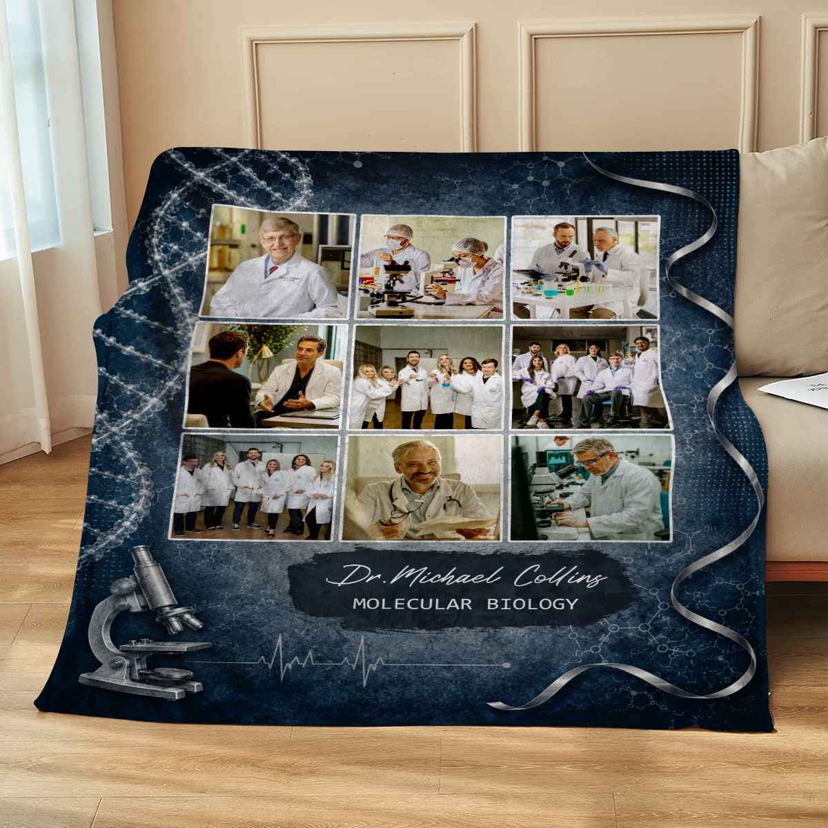 Personalized Doctor DNA Blanket, Molecular Biology Gift, Custom Doctor Photo Blanket, DNA Research Gift, Biologist Gift, Laboratory Gift