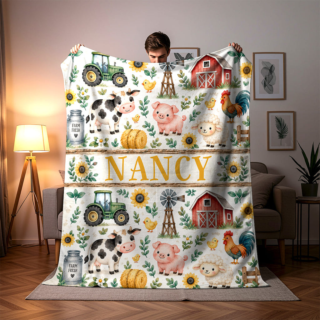 Personalized Farm Animal Blanket, Custom Farmhouse Throw Blanket, Farm Family Gift, Cow Pig Chicken Blanket, Country Home Decor