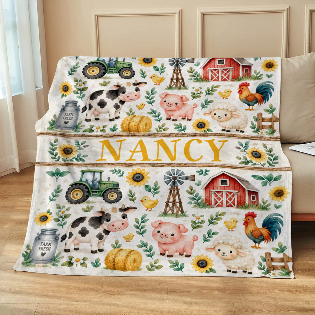 Personalized Farm Animal Blanket, Custom Farmhouse Throw Blanket, Farm Family Gift, Cow Pig Chicken Blanket, Country Home Decor
