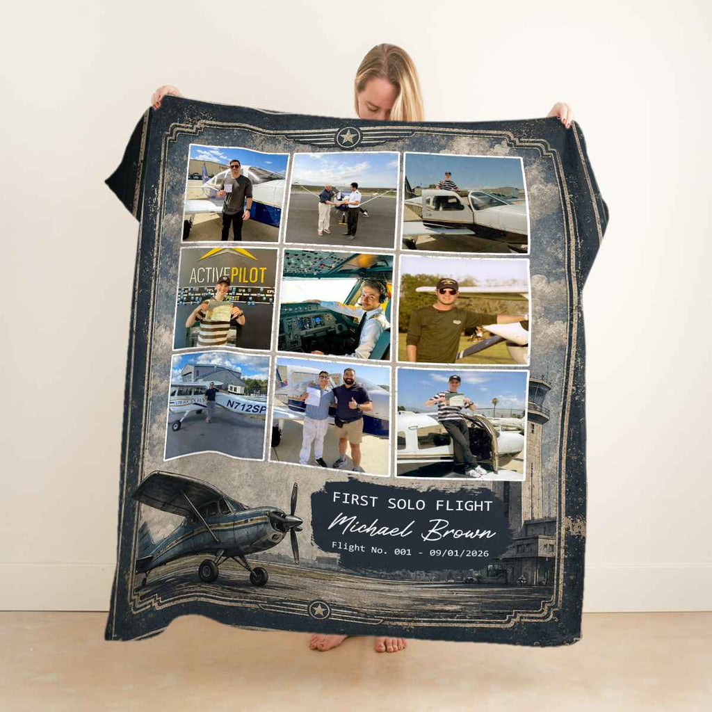 Personalized First Solo Flight Blanket, Custom Pilot Photo Blanket, Student Pilot Gift, First Solo Flight Keepsake, Aviation Gift, Flight Training Gift