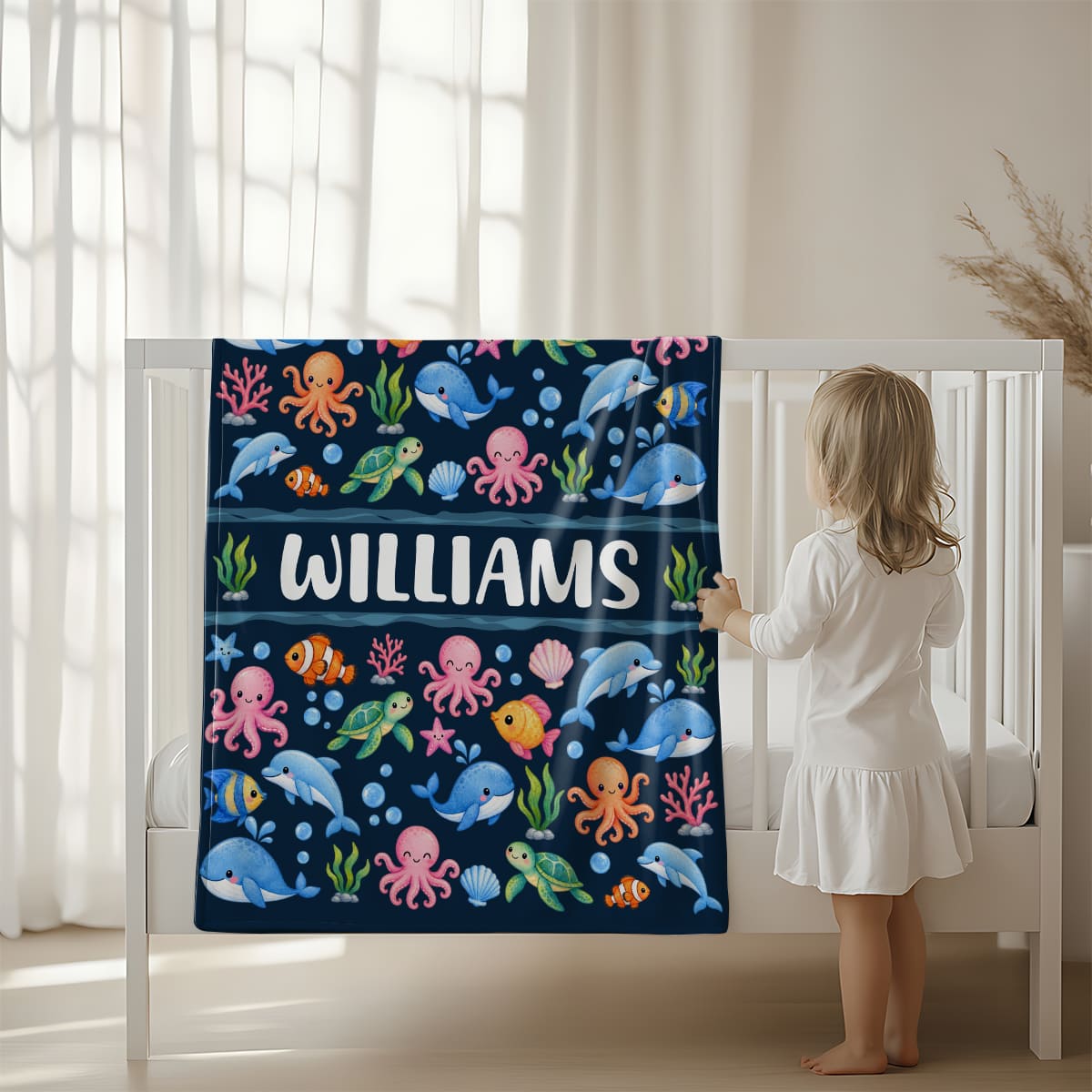 Personalized Ocean Blanket for Kids, Custom Name Sea Animal Blanket, Ocean Animals Baby Blanket, Dolphin Turtle Blanket, Boy Gift