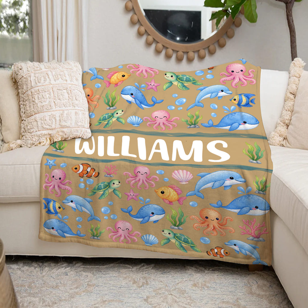 Personalized Ocean Blanket for Kids, Custom Name Sea Animal Blanket, Ocean Animals Baby Blanket, Dolphin Turtle Blanket, Boy Gift