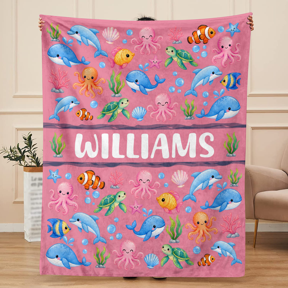 Personalized Ocean Blanket for Kids, Custom Name Sea Animal Blanket, Ocean Animals Baby Blanket, Dolphin Turtle Blanket, Boy Gift