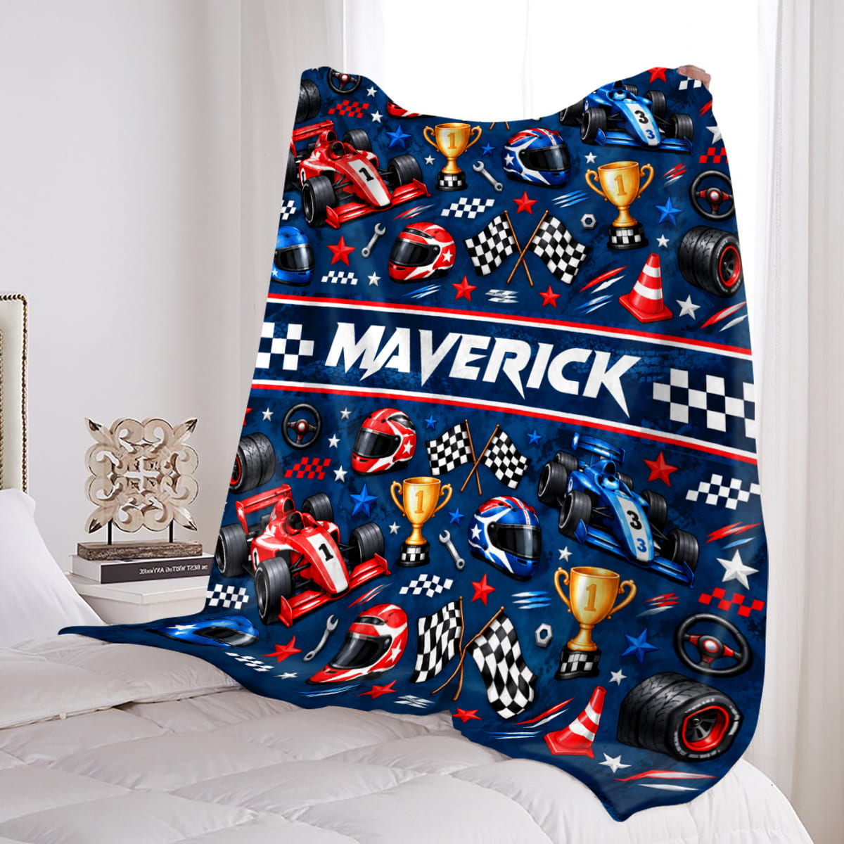 Personalized Race Car Blanket for Boys, Custom Name Racing Blanket, Race Car Gift for Kids, Little Racer Gift, Birthday Gift for Boy