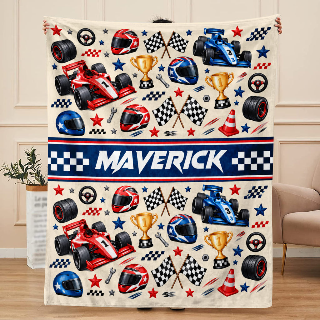 Personalized Race Car Blanket for Boys, Custom Name Racing Blanket, Race Car Gift for Kids, Little Racer Gift, Birthday Gift for Boy