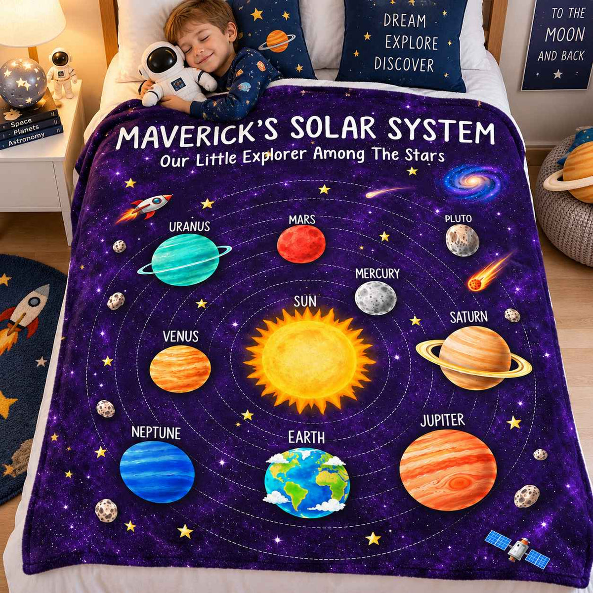 Personalized Solar System Blanket, Custom Name Space Blanket, Kids Minky Fleece Blanket, Astronomy Gift for Boys & Girls