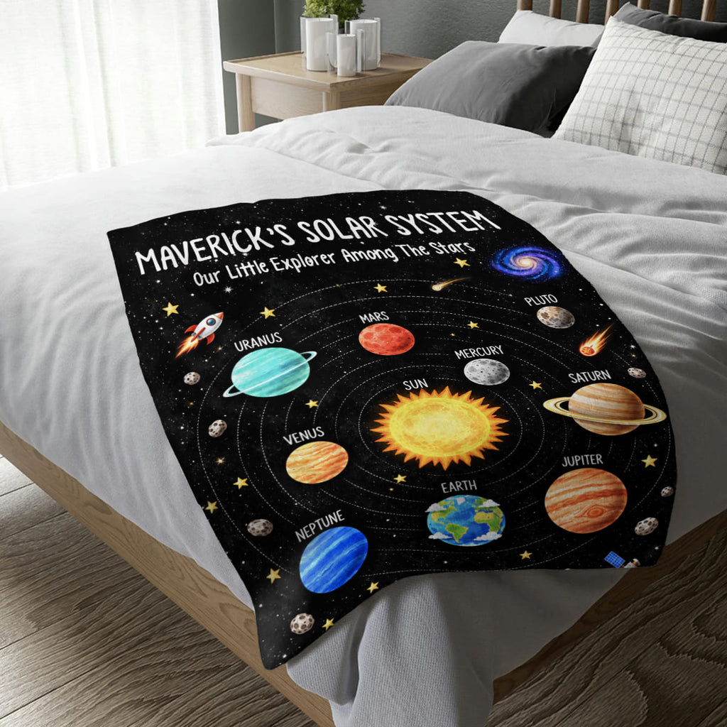 Personalized Solar System Blanket, Custom Name Space Blanket, Kids Minky Fleece Blanket, Astronomy Gift for Boys & Girls