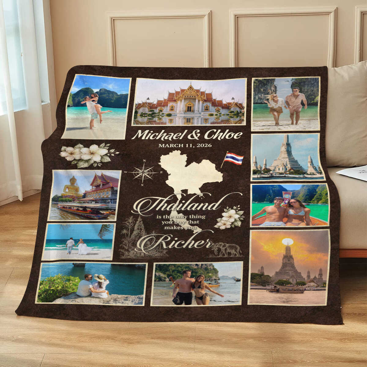 Personalized Thailand Travel Photo Blanket, Custom Vacation Memory Blanket, Couple Photo Gift, Honeymoon Keepsake, Anniversary Gift