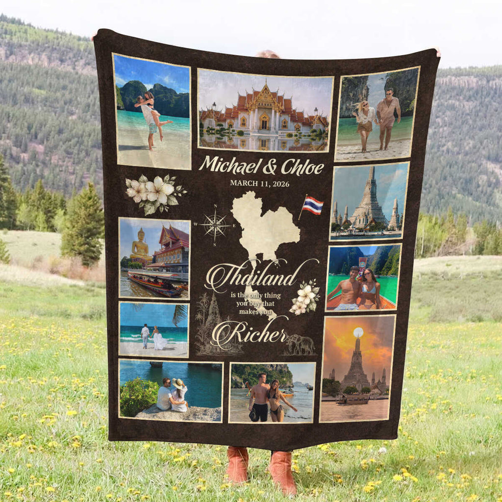 Personalized Thailand Travel Photo Blanket, Custom Vacation Memory Blanket, Couple Photo Gift, Honeymoon Keepsake, Anniversary Gift