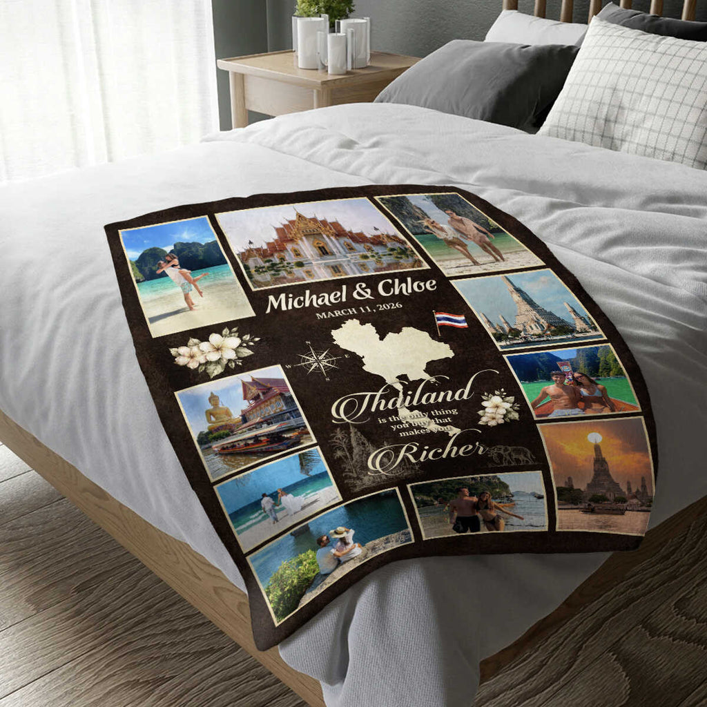 Personalized Thailand Travel Photo Blanket, Custom Vacation Memory Blanket, Couple Photo Gift, Honeymoon Keepsake, Anniversary Gift