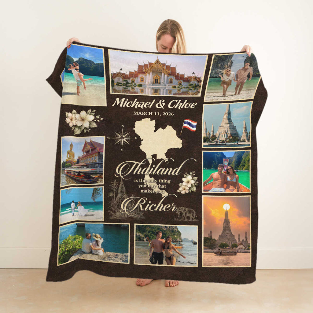 Personalized Thailand Travel Photo Blanket, Custom Vacation Memory Blanket, Couple Photo Gift, Honeymoon Keepsake, Anniversary Gift