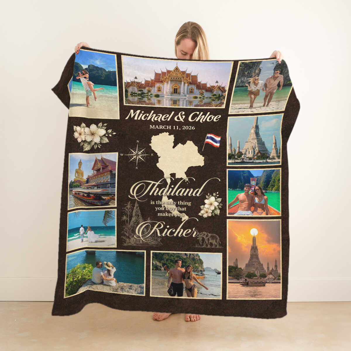 Personalized Thailand Travel Photo Blanket, Custom Vacation Memory Blanket, Couple Photo Gift, Honeymoon Keepsake, Anniversary Gift
