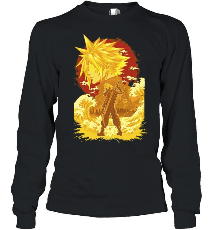 Cloud Strife Final Fantasy VII Shinra building with sword and lily flower video game Shirt