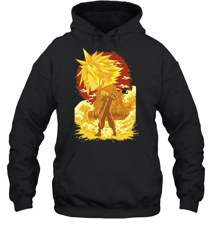 Cloud Strife Final Fantasy VII Shinra building with sword and lily flower video game Shirt