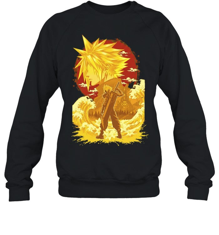 Cloud Strife Final Fantasy VII Shinra building with sword and lily flower video game Shirt