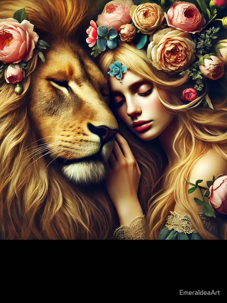 Yellow floral lion embrace with floral decorated blond ethereal girl fantasy illustration by EmeraldeaArt