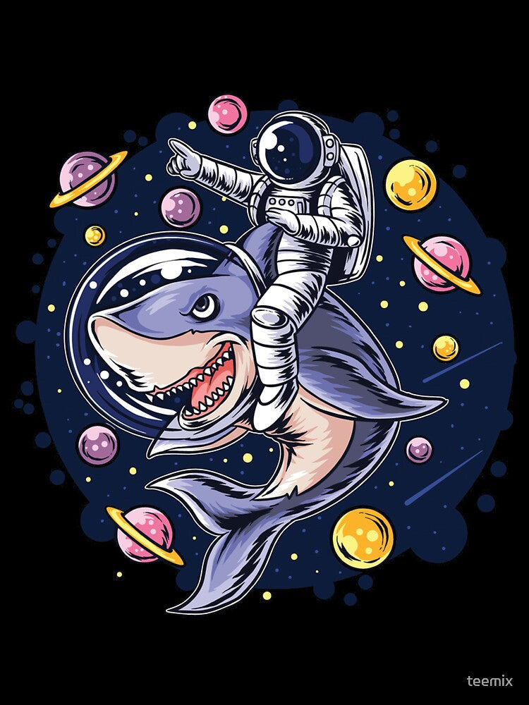 astronauts ride a shark in space with the planets planets. artwork vector by teemix