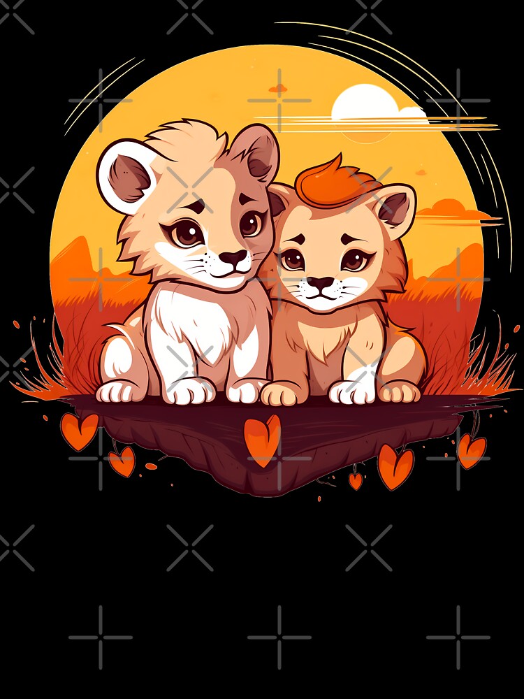 Adorable kawaii lion cubs in love illustration by NBSStore