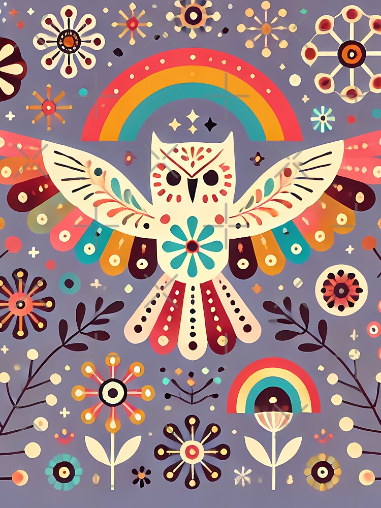 Owl Rainbow Flight - Whimsical Scandinavian Folk Art by heidiannemorris © by FOLK ART FUSION by heidiannemorris