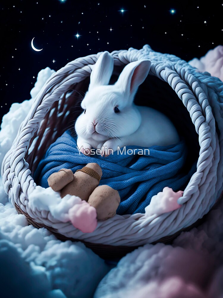 Rabbit in Basket on Clouds with Starry Sky by Yoselin Moran