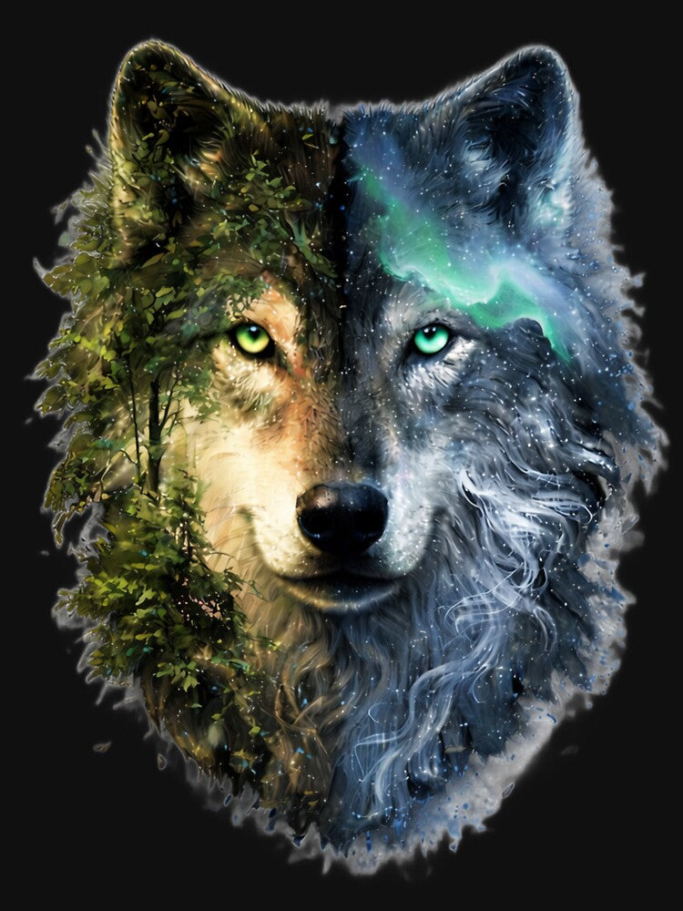 Split Nature Wolf – Forest and Ice Fantasy by ClutchCassidyTees