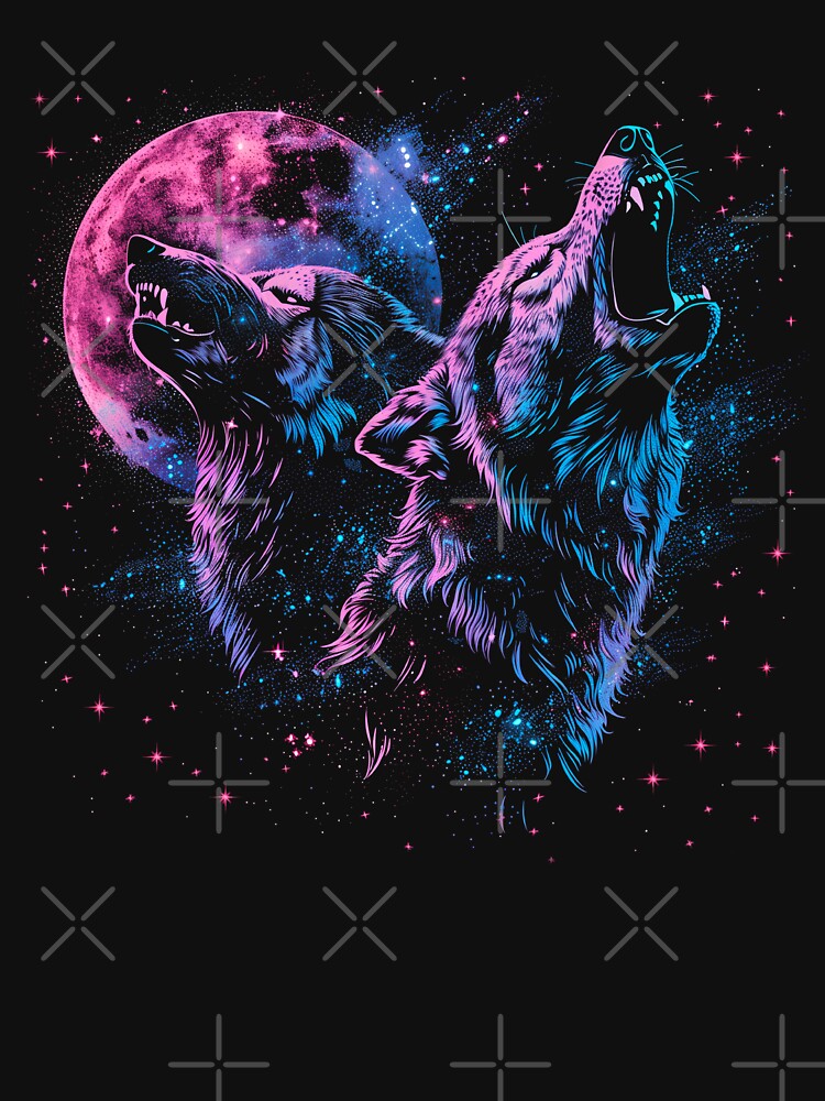 Howling Wolves Moon T-Shirt – Neon Galaxy Wolf Desig by PSYNOVA