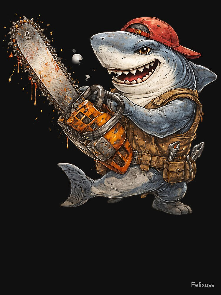 Brutal Shark with Chainsaw – Hand Drawn Colored Pencil Sticker Illustration by Felixuss