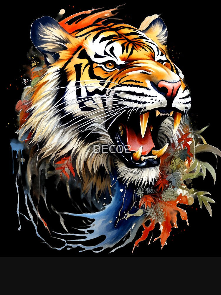 Growling Tiger With Sharp Teeth And Botanical Accents by DEC02