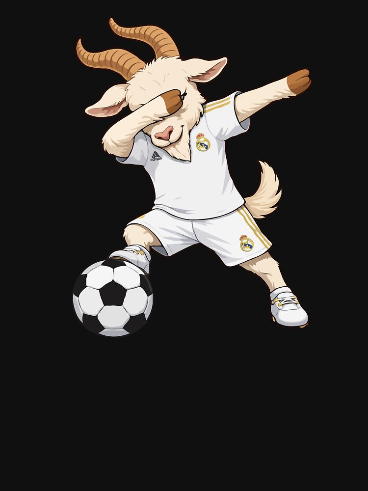 Dabbing GOAT Playing Soccer – Funny Football Goat in Real Madrid Kit | Soccer Meme Art by BrainBubbleArt