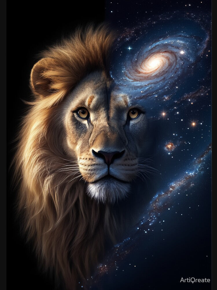 Cosmic Lion – Hyper-Realistic Lion Portrait Dissolving into Galaxy and Stars by ArtiQreate