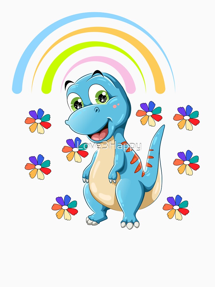 Friendly Blue Dinosaur with Rainbow & Flowers – Cute Cartoon Illustration by Love3Happy