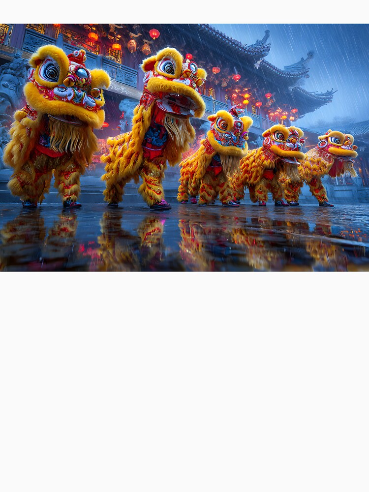 Vibrant Lion Dance Amidst Rainy Festival Atmosphere by Artessie