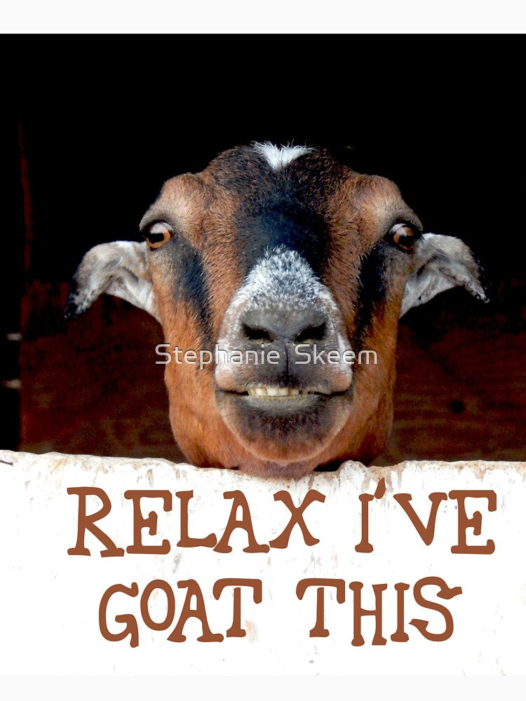 relax I goat this, fun goat, smiling goat, by Stephanie  Skeem