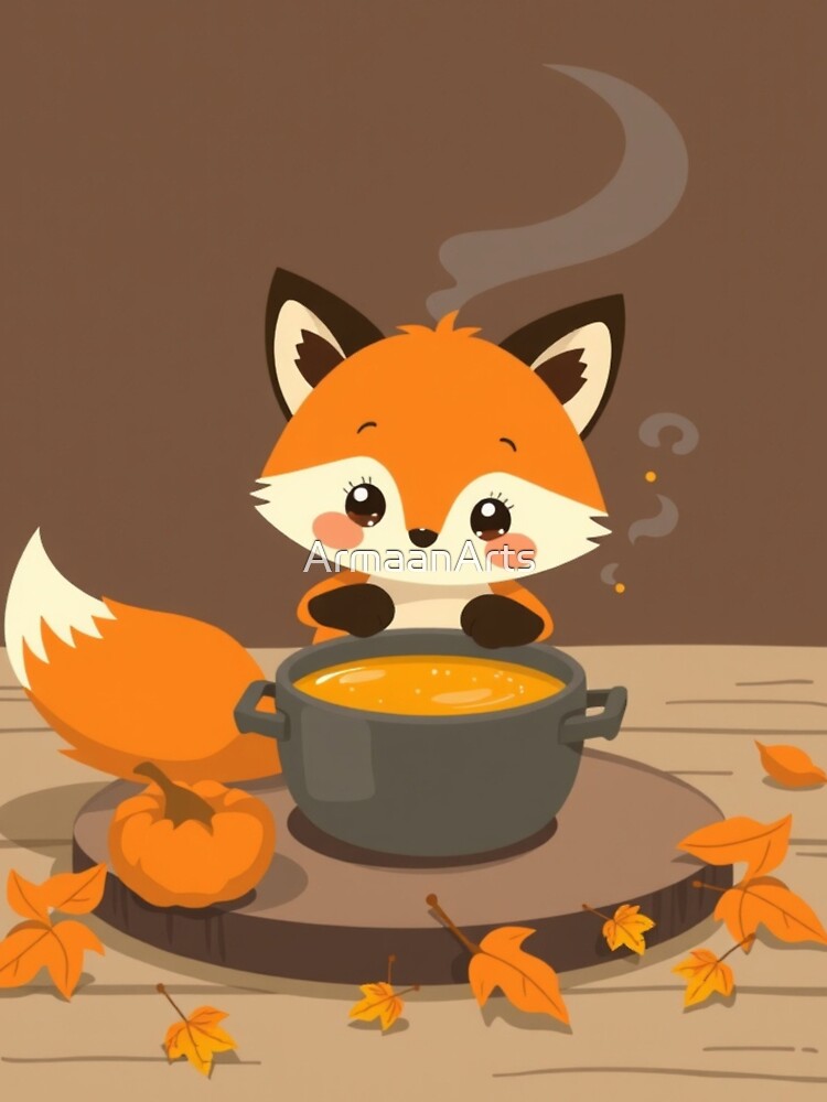 Fox Stirring Pumpkin Soup T-Shirt | Cozy Autumn Animal Art by ArmaanArts
