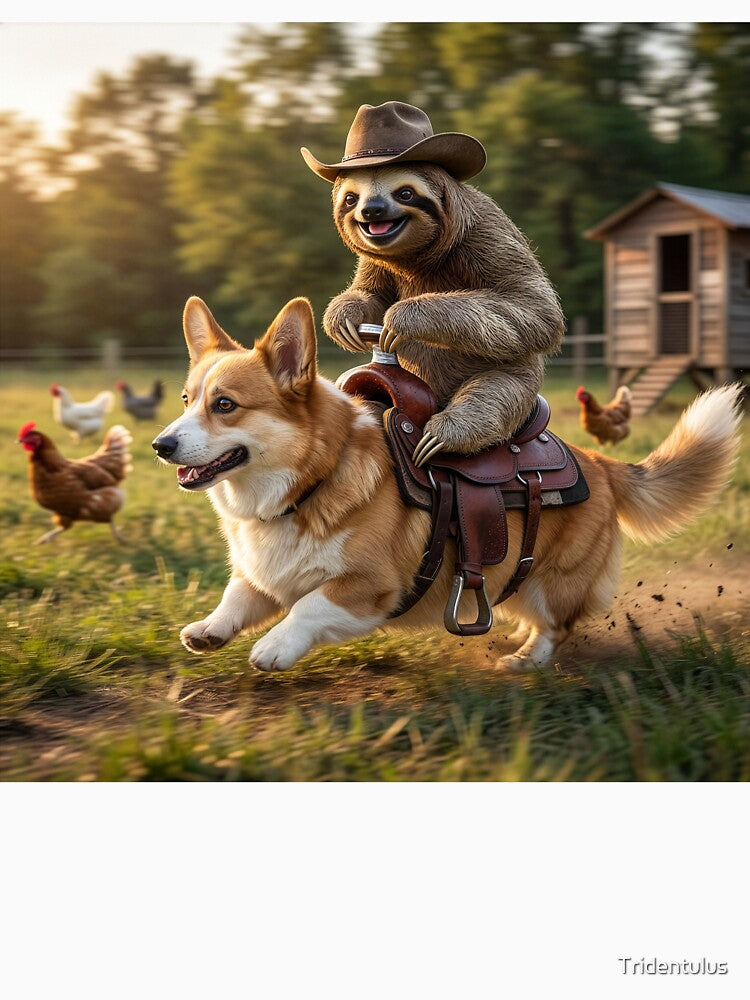 Happy Sloth Cowboy Herds Chickens on Corgi by Tridentulus