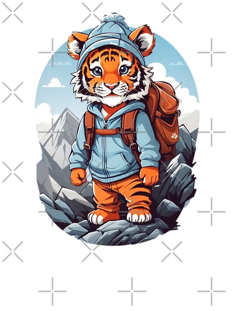 Young smiling tiger cub adventurer hiking in the mountains cartoon comic art for kids by CedricNorbinho