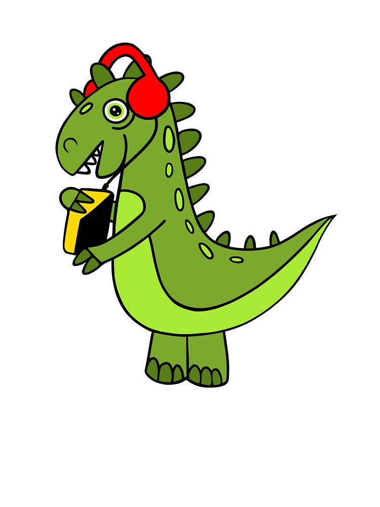 Funny Green Dinosaur With Retro Vintage Walkman by Sartoris Art