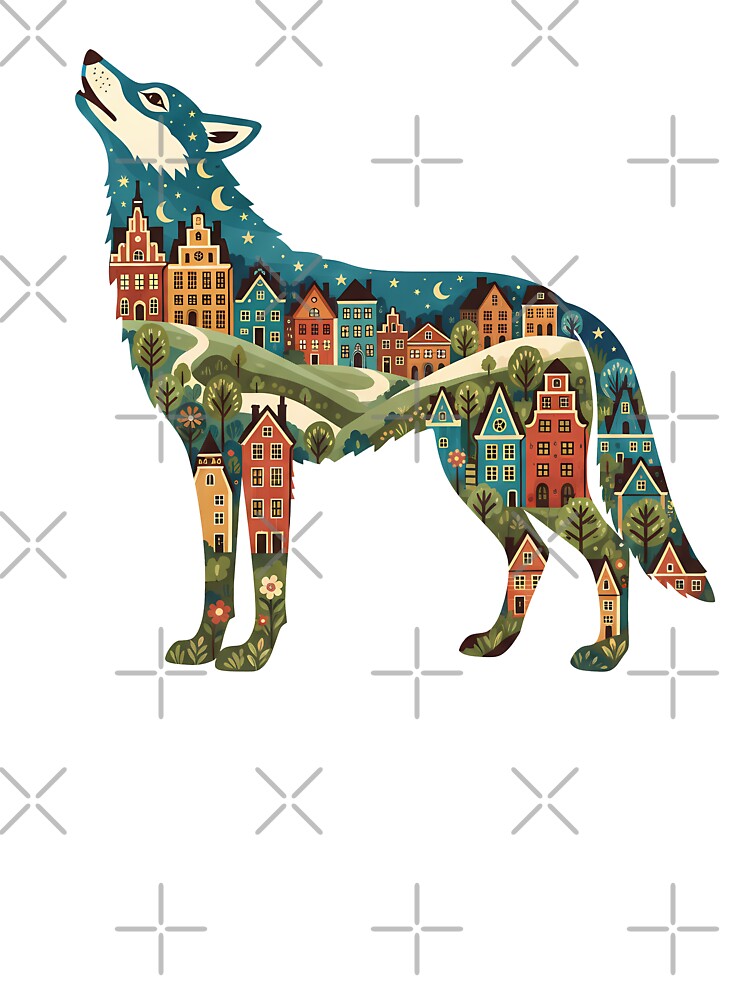 Wolf Silhouette with Gamla Stan Townscape – Scandinavian Folk Art by heidiannemorris © by FOLK ART FUSION by heidiannemorris