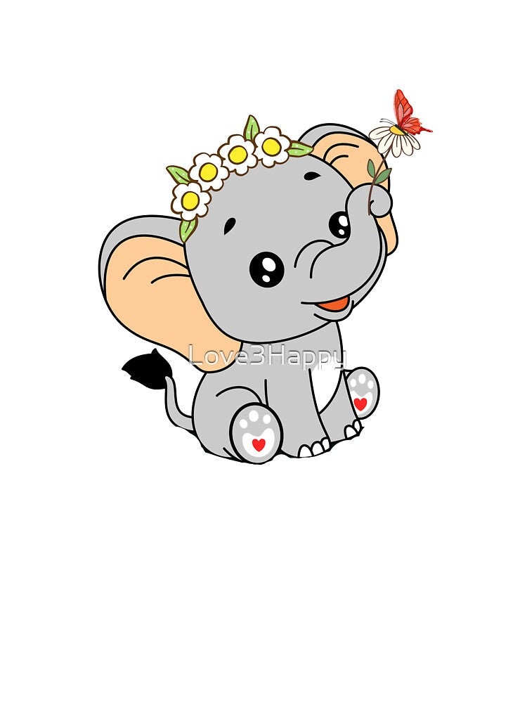 Floral Crown Elephant - Cute Gray Elephant with Daisy and Butterfly by Love3Happy