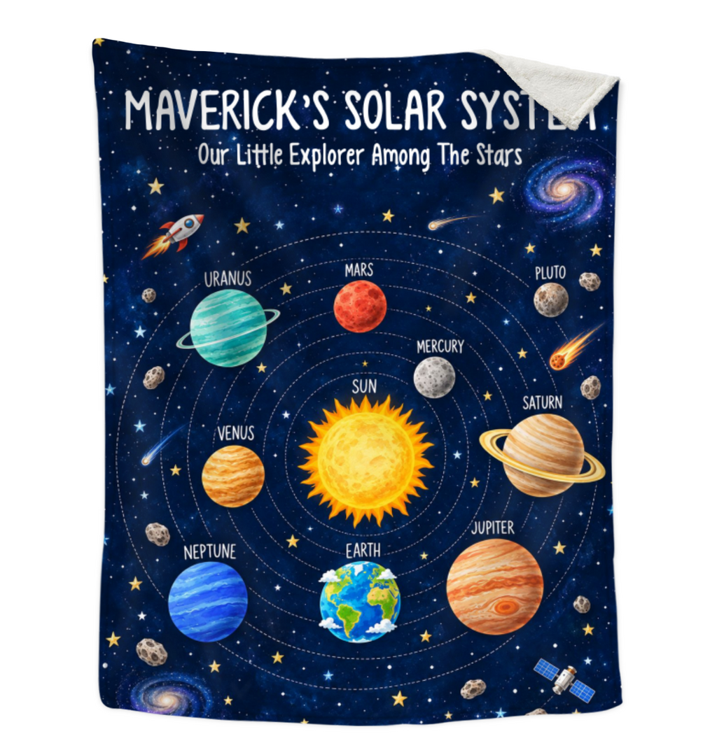 Personalized Solar System Blanket, Custom Name Space Blanket, Kids Minky Fleece Blanket, Astronomy Gift for Boys & Girls